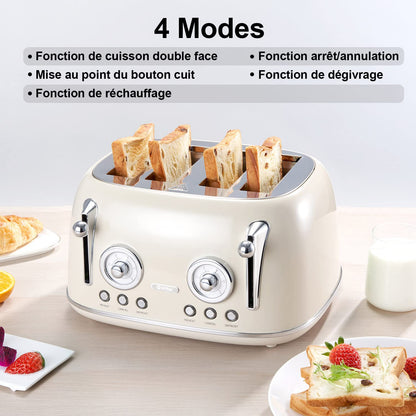 Wiltal 4-Slice Toaster, Long Slot Toaster, Stainless Steel Housing, with Built-in Bun Warmer, With Cover, Browning Control 1-6, Defrost Function, Crumb Tray, Retro Toaster, Cream White.
