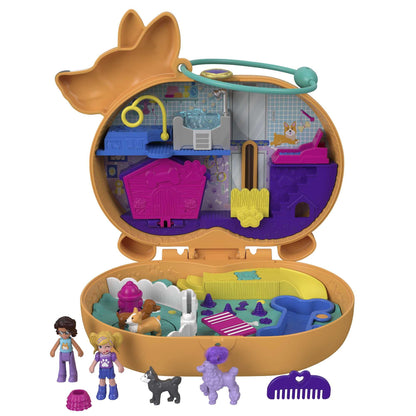 Polly Pocket HCG20 - Unicorn Tea Party Playset, compact with glitter unicorn, for ages 4+ & GTN13 - Corgi Dog Hotel compact in pet hotel design, small Polly and Shani dolls, for ages 4+