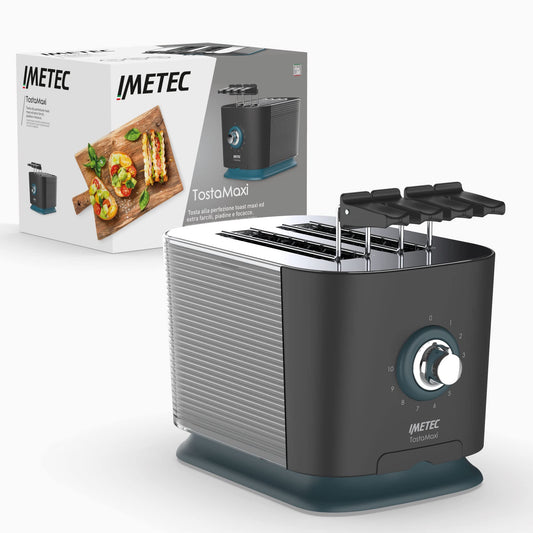 Imetec TostaMaxi Toaster, 2 extra-large slots and openable tongs for thick toast, 10 browning levels, timer with automatic shut-off, crumb tray, 600W.