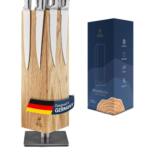 AEDEL Design Premium Magnetic Knife Block Rotating 360 Degrees - Magnetic Knife Holder made of exquisite oak wood - Universal Magnetic Knife Holder Unfilled Wood