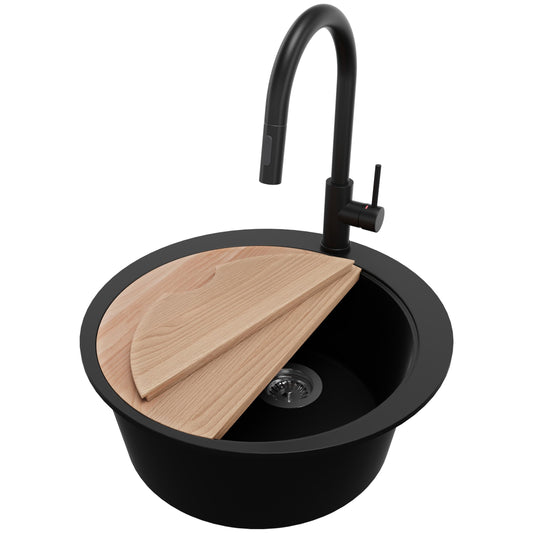 PRIMAGRAN Round Black Sink 53x53cm, Round Sink 1 Basin + Kitchen Faucet 40x20cm + Accessory Set, Kitchen Sink for 50cm Base Cabinet - Pisa Max S031