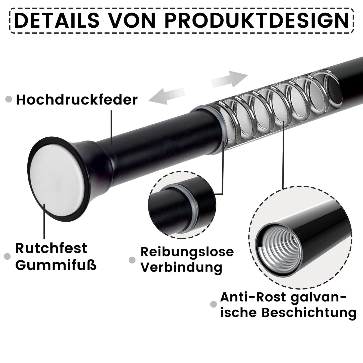 XtraCare Curtain Rod Adjustable, Clamp Rod Curtain, Telescopic Rod, usable as Curtain Rod/Clothes Rod - Black (140-250cm)