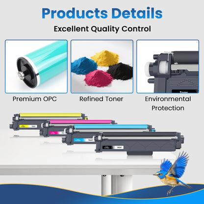 Jhaan TN-243CMYK compatible toner for Brother MFC-L3750CDW, DCP-L3550CDW, MFC-L3770CDW, HL-L3210CW, HL-L3230CDW, MFC-L3710CW. TN 243CMKY TN247 TN-247 TN-243 (4-pack) for Brother printers.