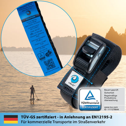 Valonic Dolphin - 2X 1m Ratchet Straps short with padding, 25mm, 500kg, TÜV Rheinl. / GS Certified, EN-12195-2 - Ratchet strap with cam buckle for bike rack, SUP, short, black