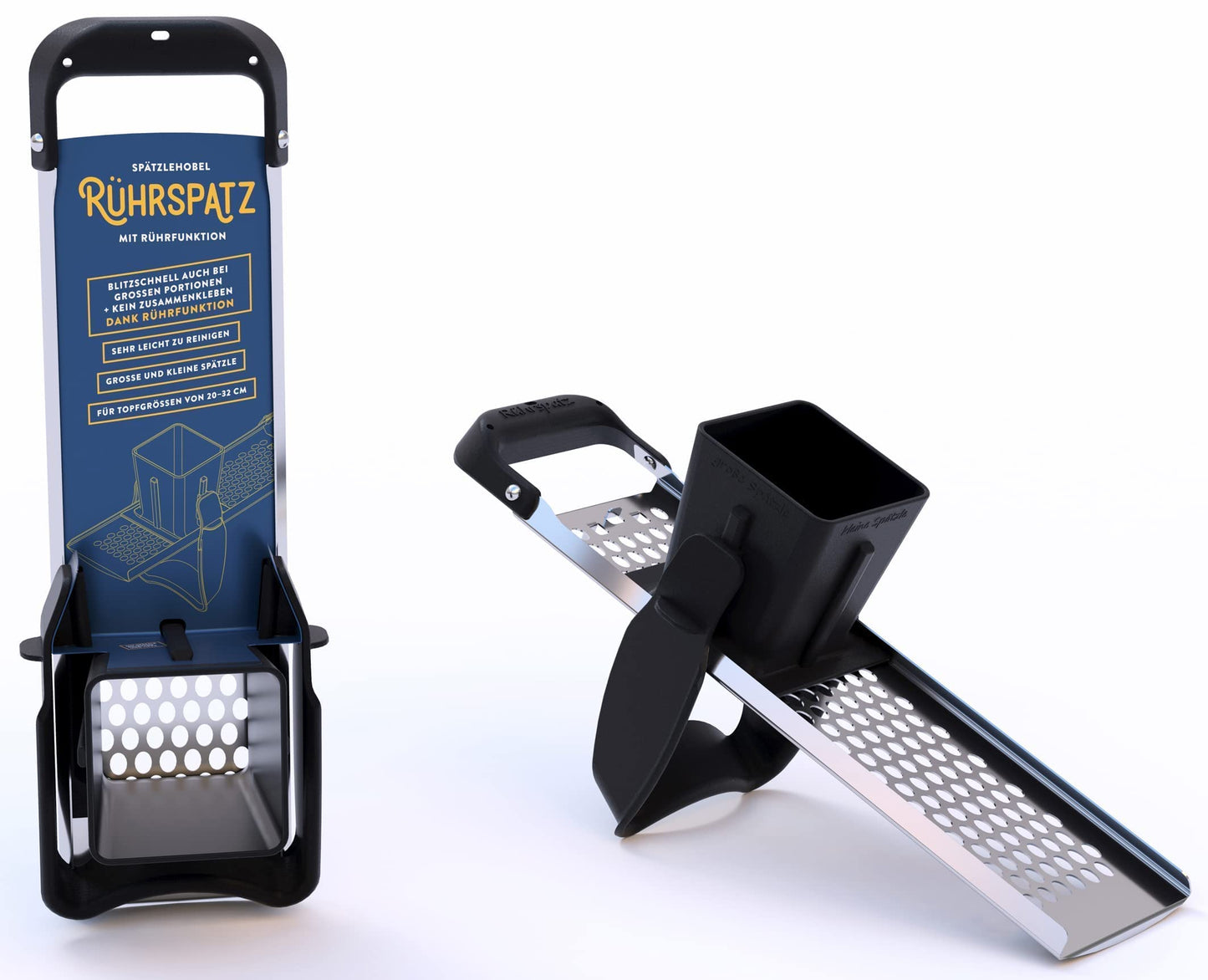 Rührspatz® patented in the Allgäu region: Stainless steel spätzle maker with stirring function, extra large dough container, cooks spätzle 4x faster! No more messy stovetop with stop function [Pot diameter up to 32 cm].