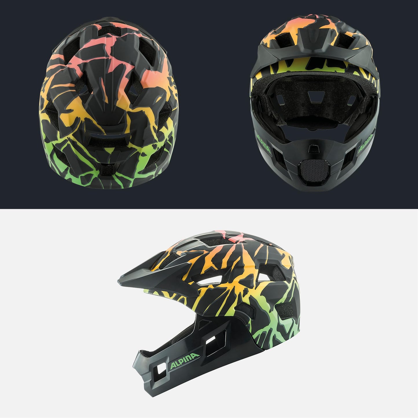 Alpina Rupi - Lightweight and secure full-face helmet for kids and teens, suitable for mountain biking beginners. Detachable chin guard, adjustable fit, optimal ventilation. Fading neon design, 50-55 cm.