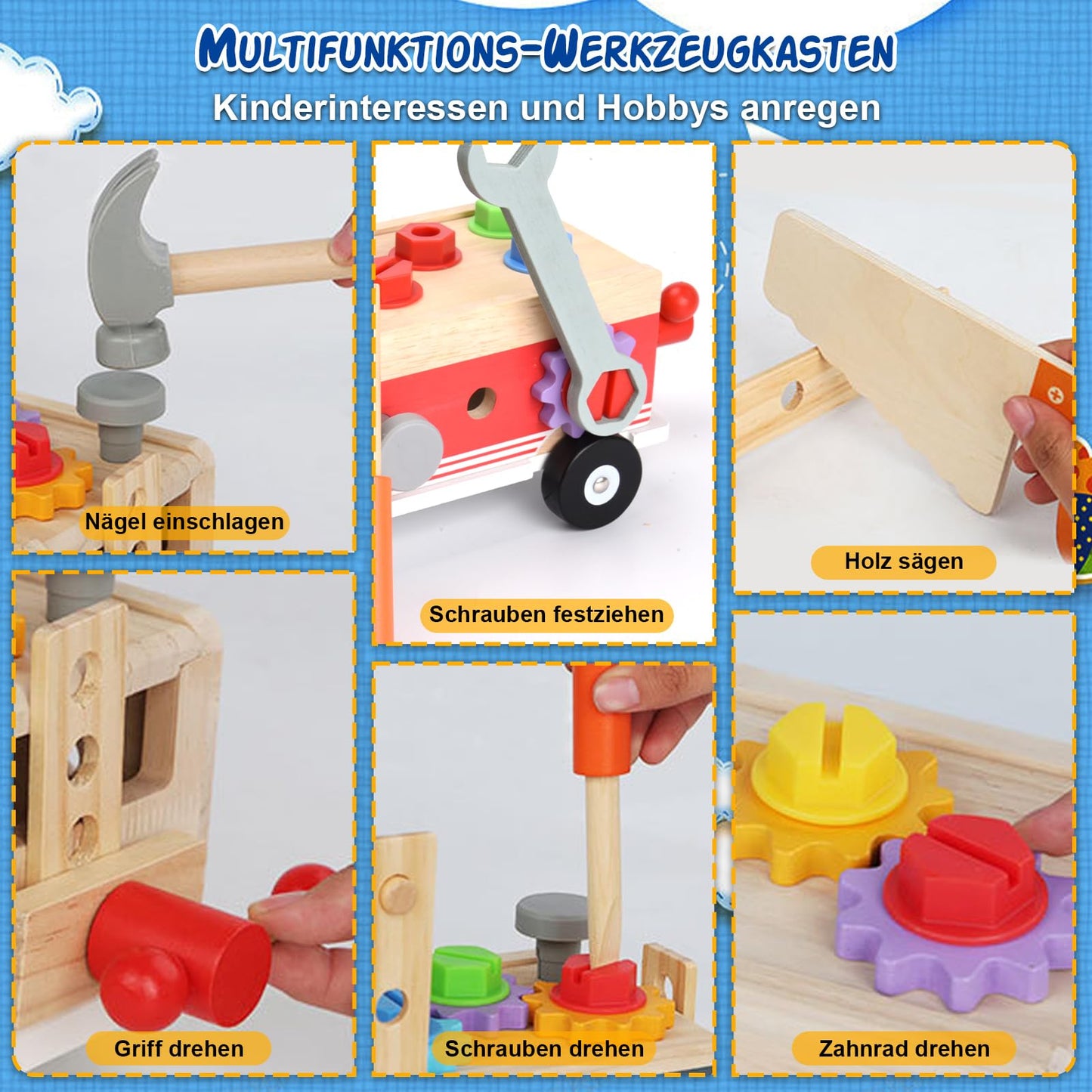 Nauotk Tool Box Children's Workbench, Montessori Wooden Tool Toys for Ages 2 3 4, Kids Tool Cart, Tool Belt Kit Learning Games Gift for Boys Girls 3+ years.