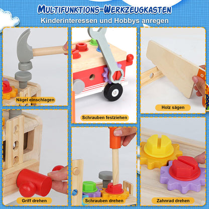 Nauotk Tool Box Children's Workbench, Montessori Wooden Tool Toys for Ages 2 3 4, Kids Tool Cart, Tool Belt Kit Learning Games Gift for Boys Girls 3+ years.