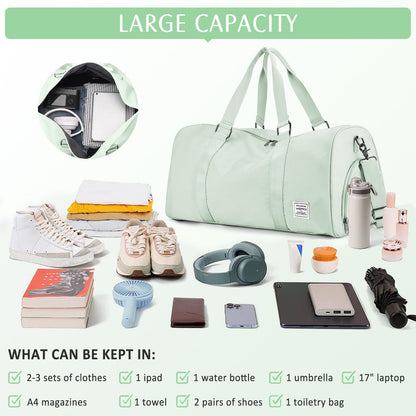 HYC00 sports bag for women, carry-on luggage for airplane, weekender bag, overnight bag, swim bag with wet compartment & shoe compartment, gym bag for women, hospital bag, travel duffle bag, light green