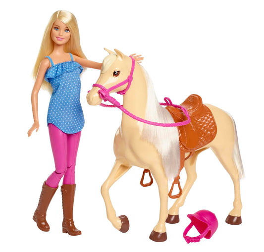 Barbie doll and horse toy, riding accessories, includes 1 doll and 1 horse, suitable as a gift for children aged 3 years and up, FXH13.