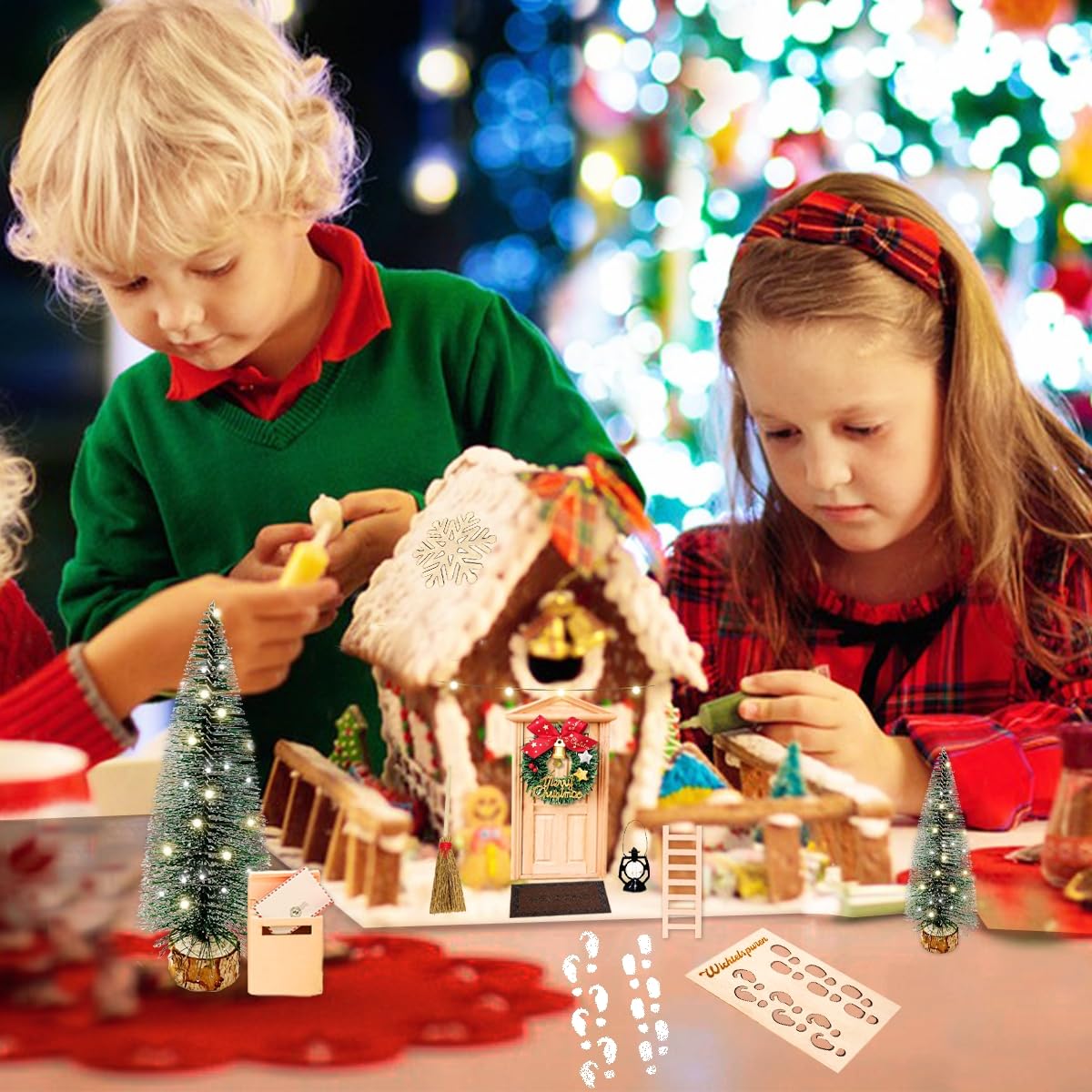 Elf door set - 46 PCS elf accessories with light, elf construction site accessories, elf door complete set with baking set, interactive card advent calendar, DIY gift for children.