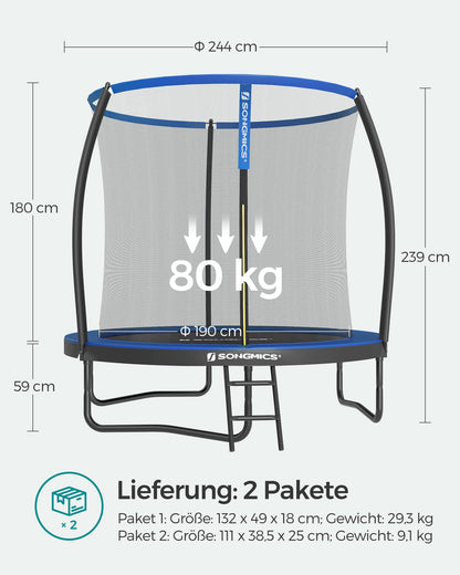 SONGMICS 244 cm dia. Trampoline, garden trampoline for kids with safety net, 180 cm tall curved poles, padding, ladder, steel frame, black-blue STR8BK.