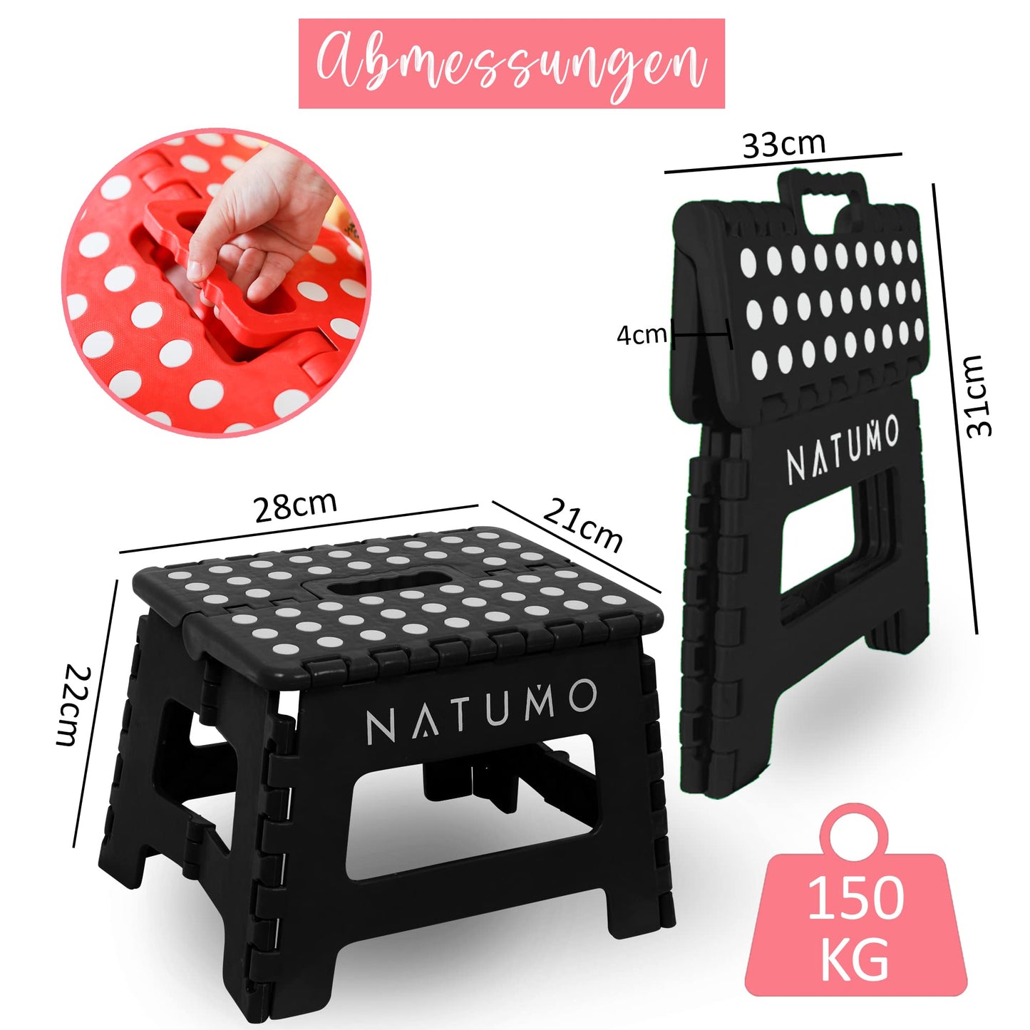 NATUMO® Folding Step Stool for Kids, Lightweight and Non-Slip Children's Stool for Bathroom & Toilet, Foldable Step for Bathrooms, Kitchen, and Garden, 22cm (Black)