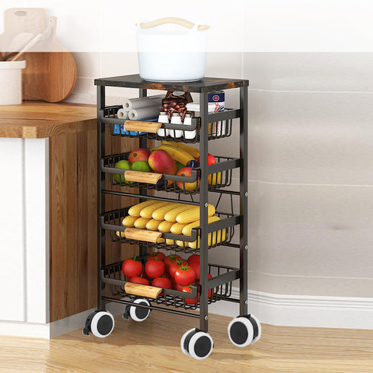 Treesunshine rolling utility cart, kitchen cart with countertop, serving cart with extendable basket made of iron-carbon alloy, wooden kitchen cart, kitchen cart with ample storage, 5-tier utility cart