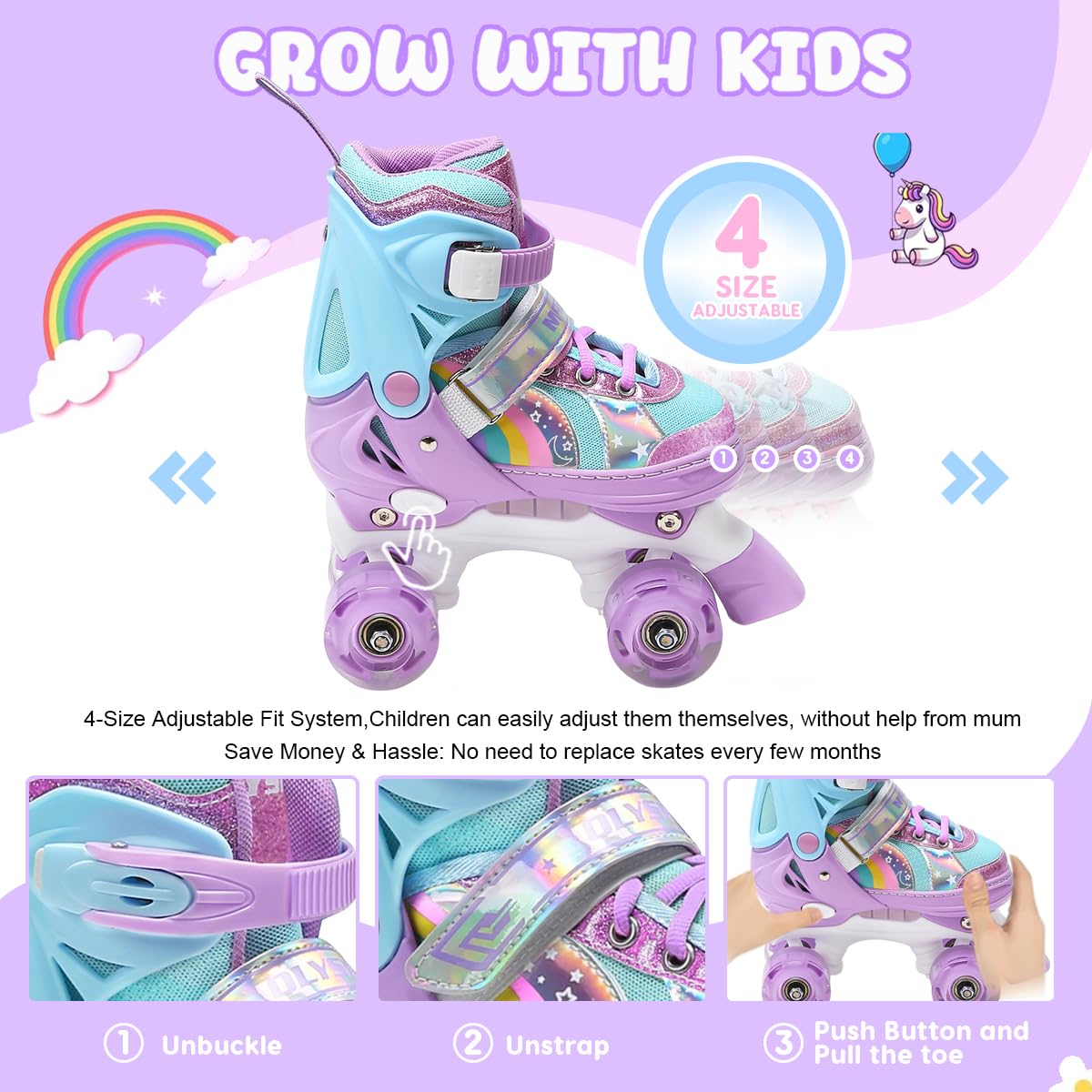 OLYSPM roller skates for kids, adjustable roller skates for women, LED roller skates with 4 sizes adjustable, roller skates with storage bag for girls, boys, and beginners (purple)