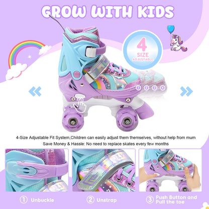 OLYSPM roller skates for kids, adjustable roller skates for women, LED roller skates with 4 sizes adjustable, roller skates with storage bag for girls, boys, and beginners (purple)