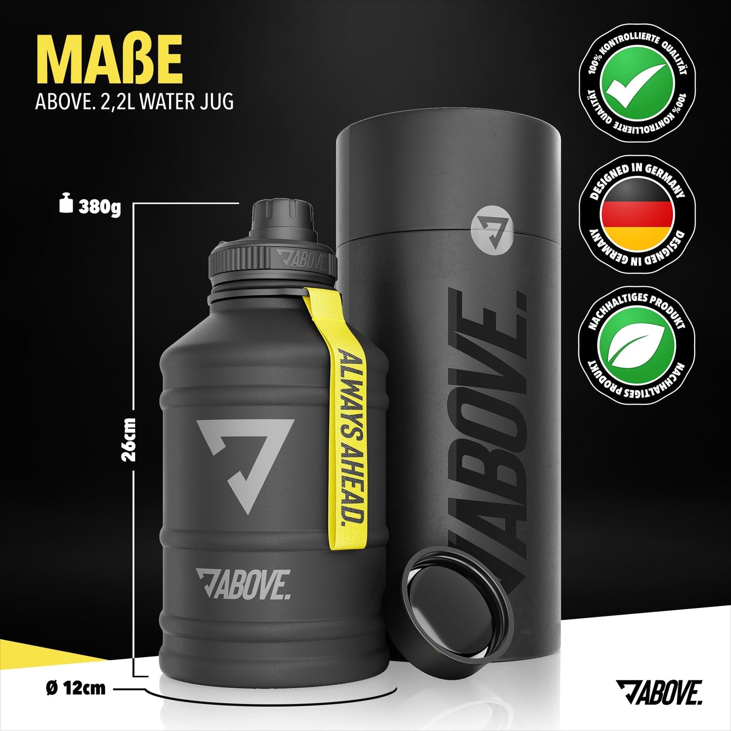 ABOVE. Stainless steel water bottle 1.3L / 2.2L - BPA-free, Leak-proof & Durable - 2L metal bottle with extra drinking spout for sports, fitness & outdoor use. Not a thermos bottle (Black, 2.2L).
