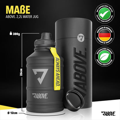 ABOVE. Stainless steel water bottle 1.3L / 2.2L - BPA-free, Leak-proof & Durable - 2L metal bottle with extra drinking spout for sports, fitness & outdoor use. Not a thermos bottle (Black, 2.2L).