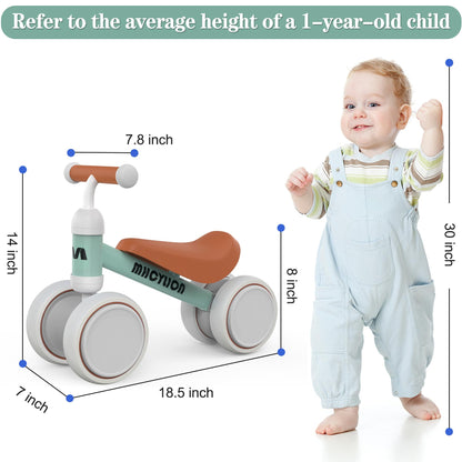 Toddler balance bike for 1 year and up, with 4 wheels for 10-24 month old babies. First ride-on bike for boys and girls as a gift - light green.