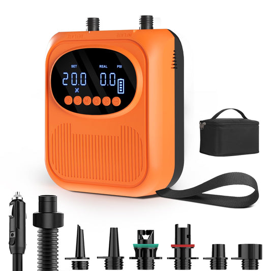 Mojimdo Electric SUP Pump 20PSI, with Battery, 5 Modes & Custom Mode, Compact with Carry Strap, Auto-Off & Pa/PSI Switch, Air Pump for Kayaks, Tents, Mattresses, Swim Rings