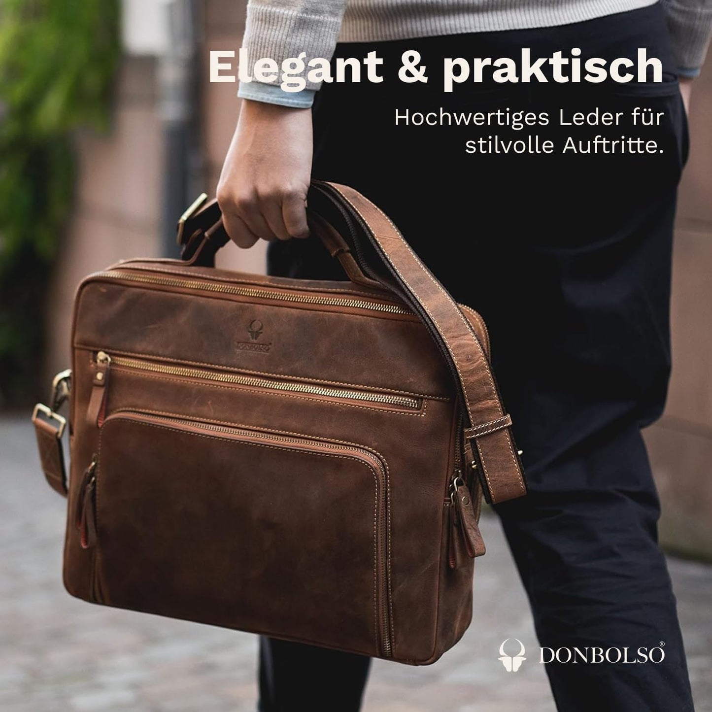 DONBOLSO Laptop Bag San Francisco - Brown Leather Shoulder Bag for Laptop and Tablet - High-quality Briefcase for Notebook up to 17 inches - Stylish Bag for Men and Women