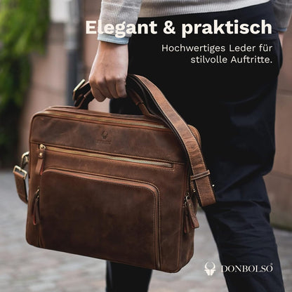 DONBOLSO Laptop Bag San Francisco - Brown Leather Shoulder Bag for Laptop and Tablet - High-quality Briefcase for Notebook up to 17 inches - Stylish Bag for Men and Women