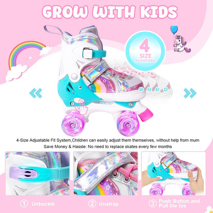 OLYSPM Kids Roller Skates Adjustable Ladies Roller Skates, LED Roller Skates and 4 Sizes Adjustable, Roller Skates with Storage Bag for Girls, Boys and Beginners (Pink)