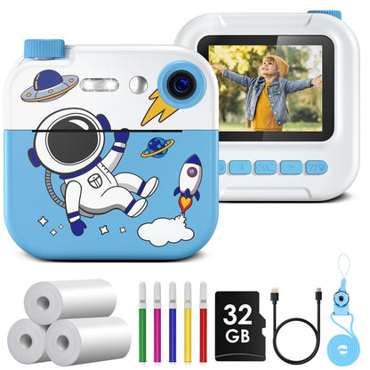GREENKINDER Instant Camera for Kids, 2.4 Inch Screen Kids Camera with 32G Card & Printing Paper & Colorful Pens, Instant Camera Black and White Photo Camera, Gift for Kids 3-12 Years