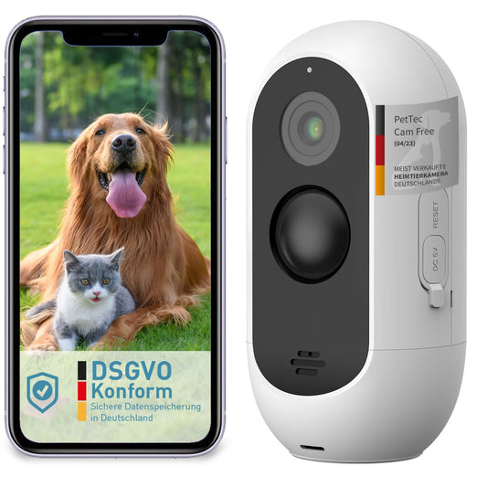 PetTec Outdoor Dog Camera Wireless - Weather-resistant Wi-Fi camera for dogs with 3MP, sharp digital zoom, 2-way audio, extremely strong battery - up to 9 months per charging cycle.