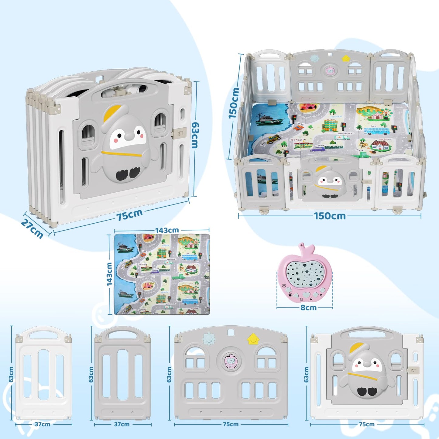 Sunworld Playpen baby playpen Foldable playpen with crawling mat and story box, Baby playpen, Foldable playpen 14-panel safety gate for children made of plastic (Gray white)