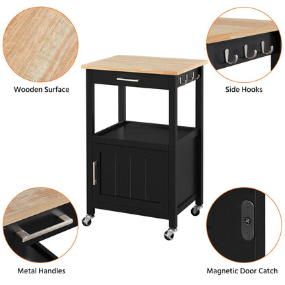 Yaheetech kitchen cart on wheels, serving cart with cabinet and shelf, wooden countertop, rolling cart 55x45x89cm, country style kitchen trolley in black.