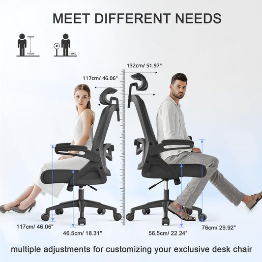 YONISEE Office Chair - Ergonomic office chair with lumbar support, adjustable armrests and headrest, mesh office chair with high backrest, comfortable office chair for Home Office, SJK-11-8680