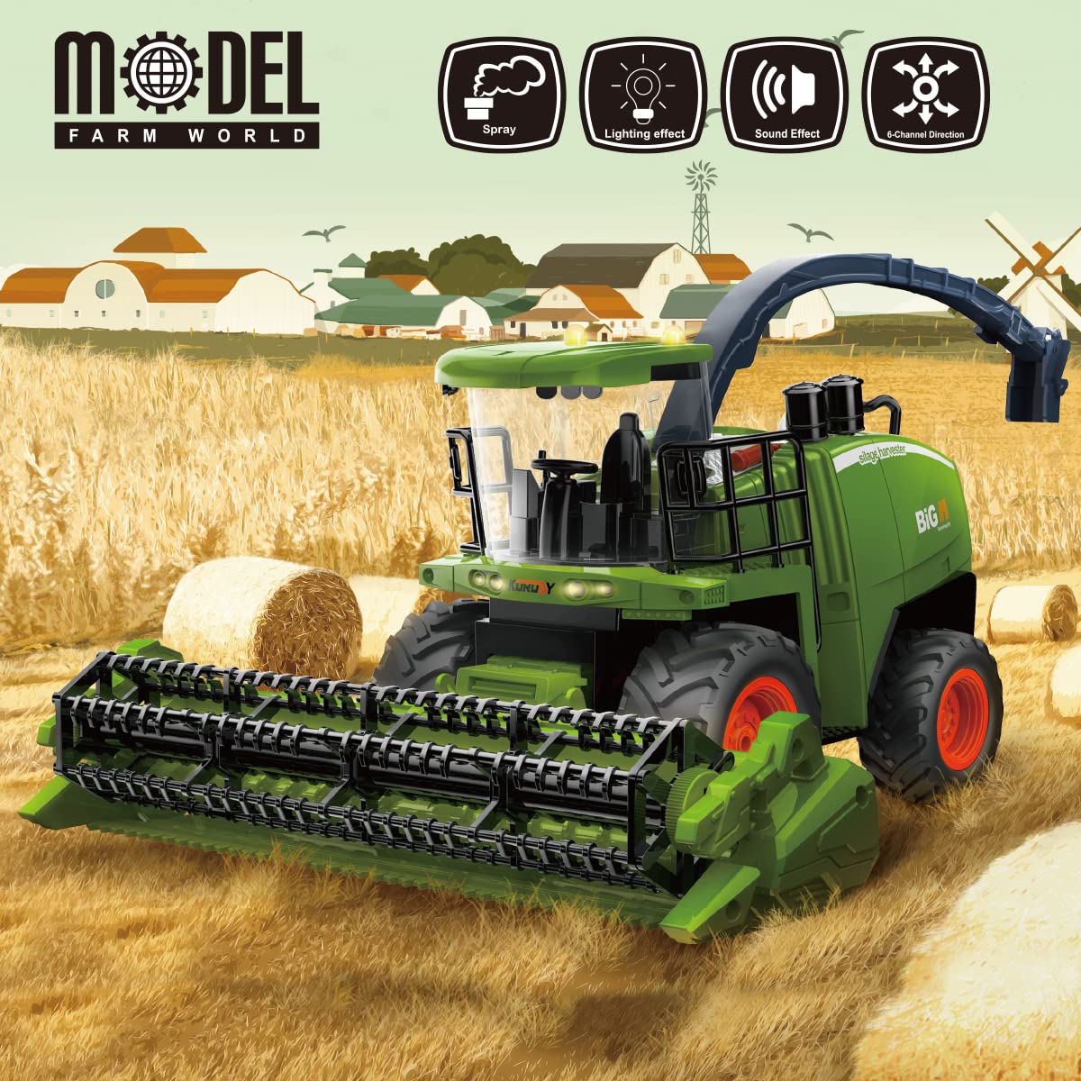 Fisca Remote Control Combine Harvester, RC Farm Harvester Tractor, 2.4GHz Harvest Tractor Farm Vehicle Toy with Light and Spray for Kids