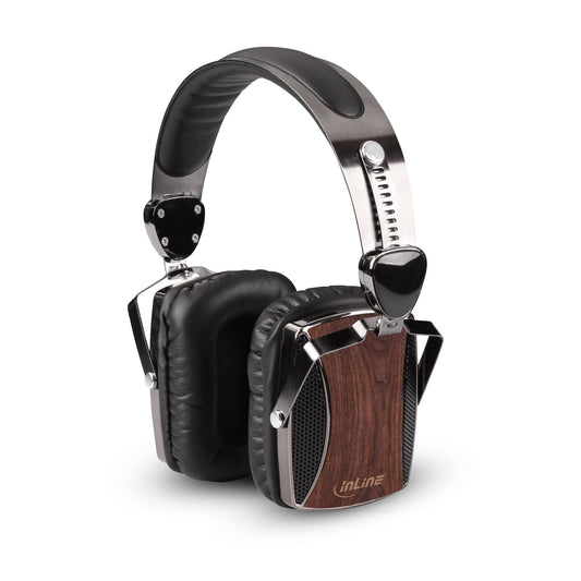 InLine 55358 wood on-ear, headset with cable microphone and function button, walnut real wood, black