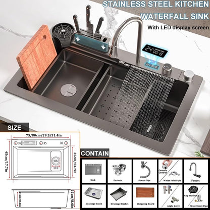 304 stainless steel waterfall sink with digital display, bar sink with tool holder, nano-coated workstation sink with pull-out faucet and cup washing system (size: 75 x 46 x 21 cm).