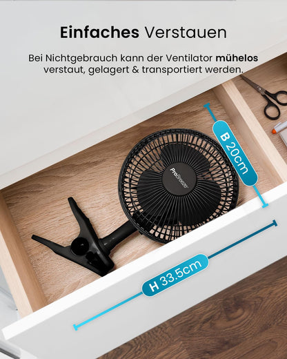 Pro Breeze Mini Fan with Clip, 20cm diameter, 2 speed settings, sturdy clip - quiet fan, ideal as a table fan on the desk, for grow box, at home in the bedroom