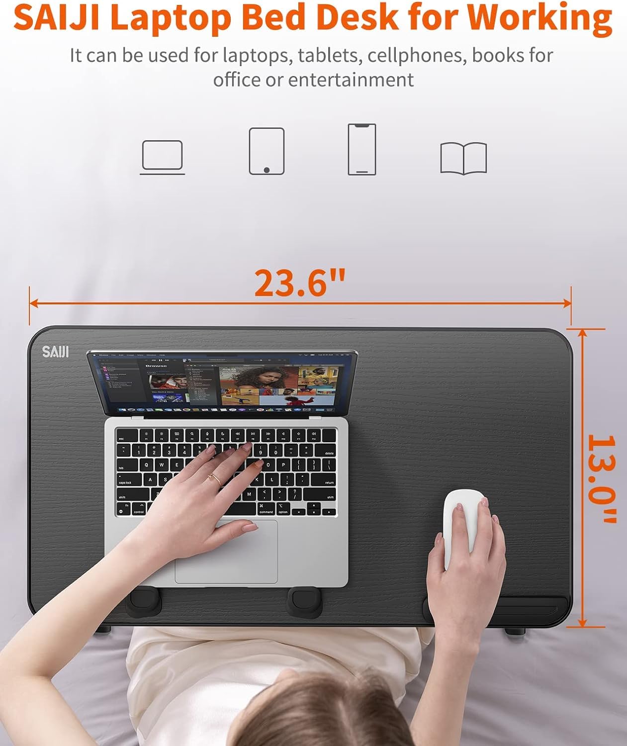 Table, Bed Table, SAIJI Laptop Stand, Breakfast Tray, 5 Heights, 4 Angles, Stable Folding Table for Bed Sofa Desk, Up to 17'' Laptop (60 * 33cm Black)