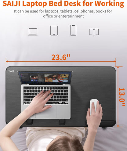 Table, Bed Table, SAIJI Laptop Stand, Breakfast Tray, 5 Heights, 4 Angles, Stable Folding Table for Bed Sofa Desk, Up to 17'' Laptop (60 * 33cm Black)