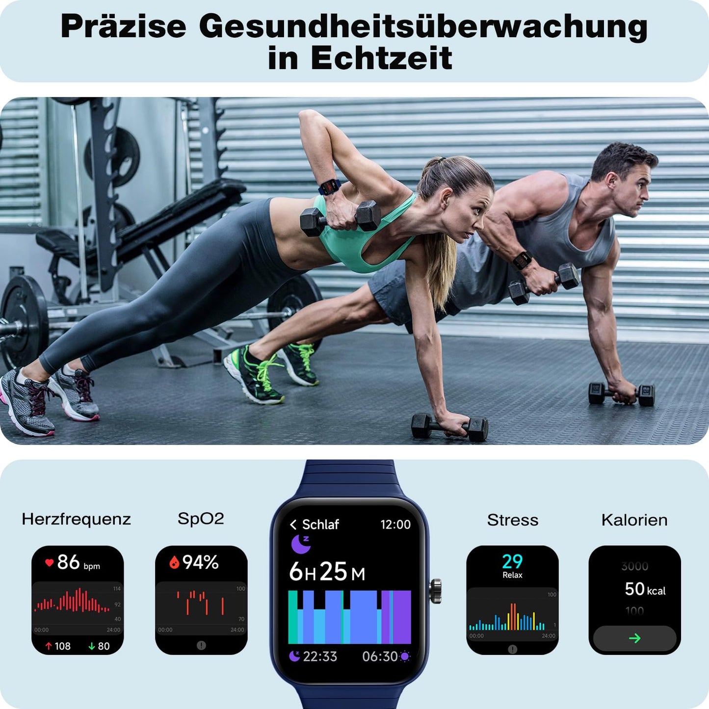 Smartwatch for men and women with phone function Alexa integrated - Fitness watch 100+ sports modes - Smartwatch 1.8 inches & IP68, pedometer watch for Android iOS with heart rate monitor SpO2 stress sleep monitor - blue