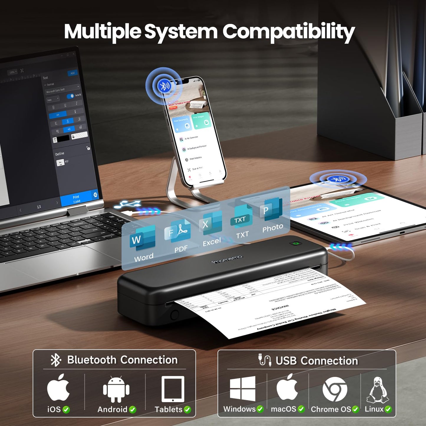Phomemo M834 Thermal Printer A4, Mobile Printer A4 for on the go, office, school, home, Compatible with smartphones and computers, Portable Printer with carrying case and 4 rolls of thermal paper, Black