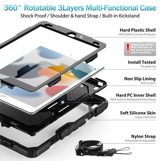 tmecity case for iPad 9/8/7th Gen, iPad 10.2 Inch Shockproof Rugged with Screen Protection 360° Rotatable Stand Hand Strap Shoulder Strap Pencil Holder for iPad 9th Gen-Black