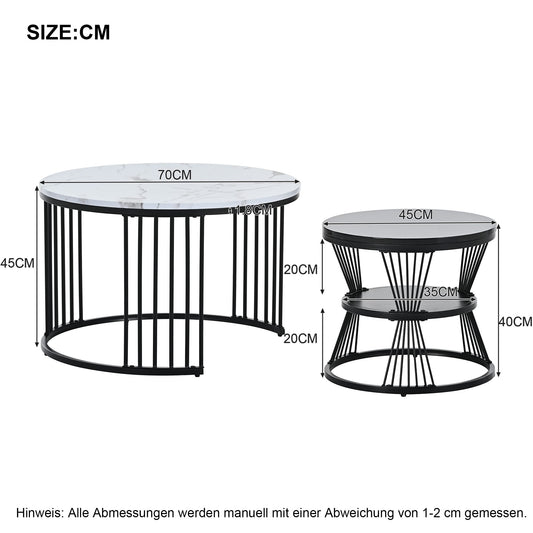 Merax Round Coffee Table 2 Piece Set, Modern Side Table with High Gloss Marble Effect for Living Room, Nesting Table for Reception Room, Balcony, and Office, Metal Frame, Black & White
