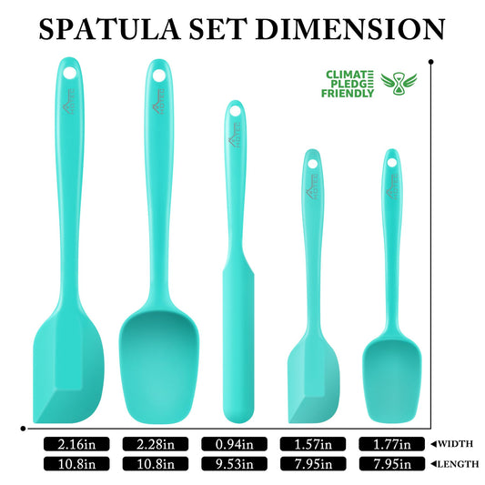 HOTEC 315°C heat-resistant BPA-free silicone rubber spatula set, kitchen spatula, baking, mixing for non-stick cookware, dishwasher safe, 5-piece set, Aqua Sky