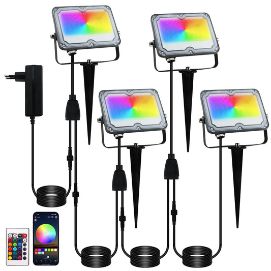 BOSITE RGB LED floodlights 10W, 4 pack, outdoor floodlights IP66 waterproof, LED garden lighting for yard, garden, tree, landscape, lawn, pathway (24V)