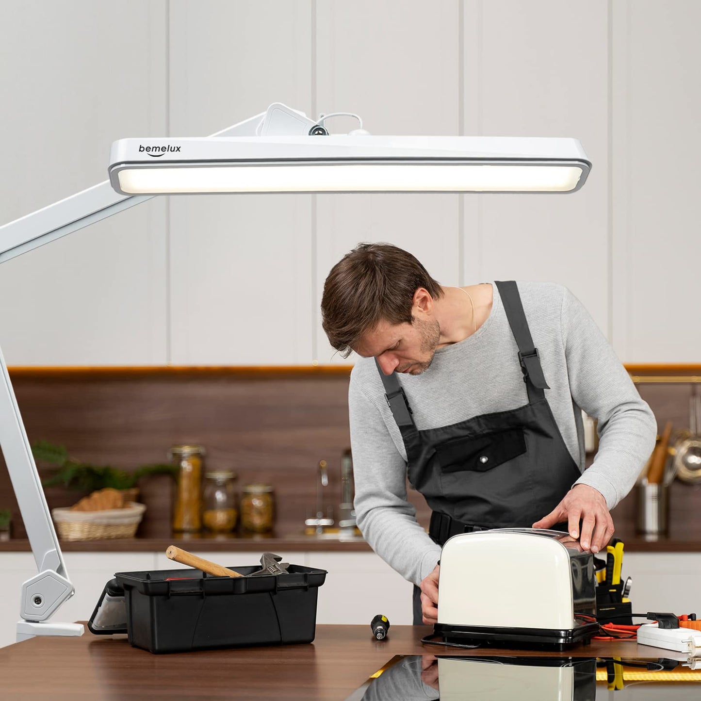 bemelux Rotatable LED desk lamp with clamp, 24W, 2000 lumens, 56cm ultra-wide lampshade, 234 SMD LEDs, 5 brightness levels, 5 adjustable color temperatures (White)