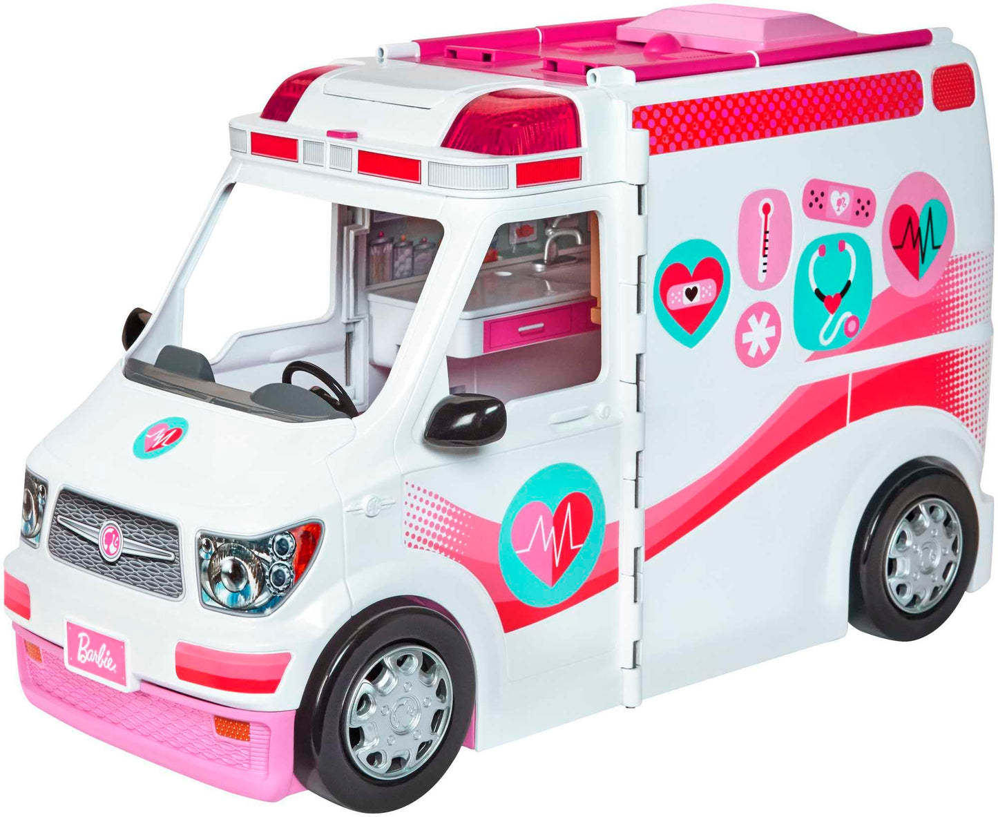 Barbie Ambulance, 2-in-1 including a fold-out hospital playset with lights and sounds, 20+ Barbie accessories like doctor's bag and crutches, toy for ages 3 and up, FRM19