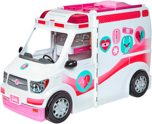 Barbie Ambulance, 2-in-1 including a fold-out hospital playset with lights and sounds, 20+ Barbie accessories like doctor's bag and crutches, toy for ages 3 and up, FRM19