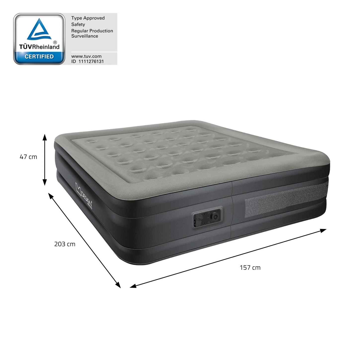 ML-Design air mattress for 2 people 203x157x47 cm Gray, TÜV certified, self-inflating air bed with electric pump 230V, inflatable mattress for camping, guest bed double bed + carrying bag.