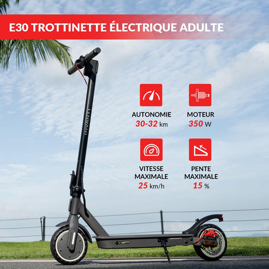 Street legal e-scooter, INVANTI E30 electric scooter 32KM range, adult e-roller with rear shocks, 120kg capacity, foldable with app and turn signals.