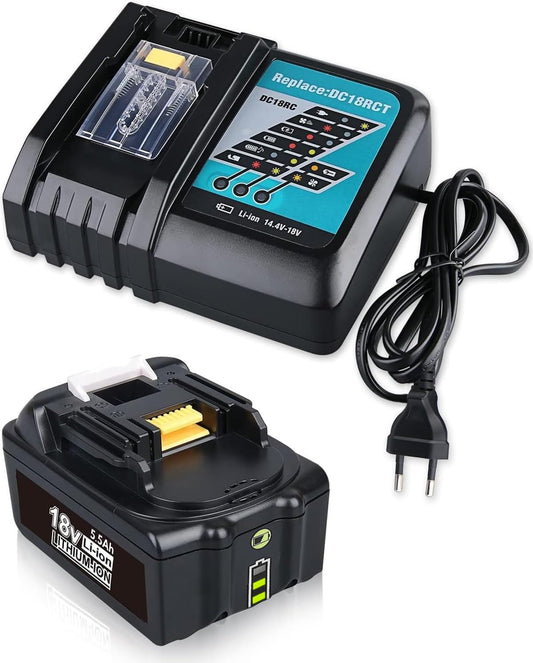 Replacement battery for Makita 18V BL1850B 5.5Ah with charger. Replacement for charger 18V DC18RC. Compatible with Makita 14.4V-18V BL1860 BL1850B BL1815 BL1430B BL1415 tool battery.